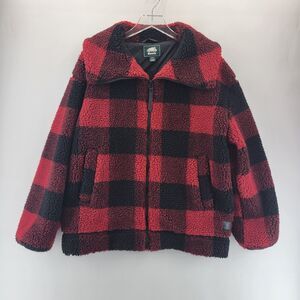 Roots Plaid Faux Sherpa Jacket Womens Medium Buffalo Check Oversized Red‎ Black